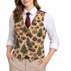 White Stag Holiday Tapestry Vest women’s large Gift Tree Pattern Button Up